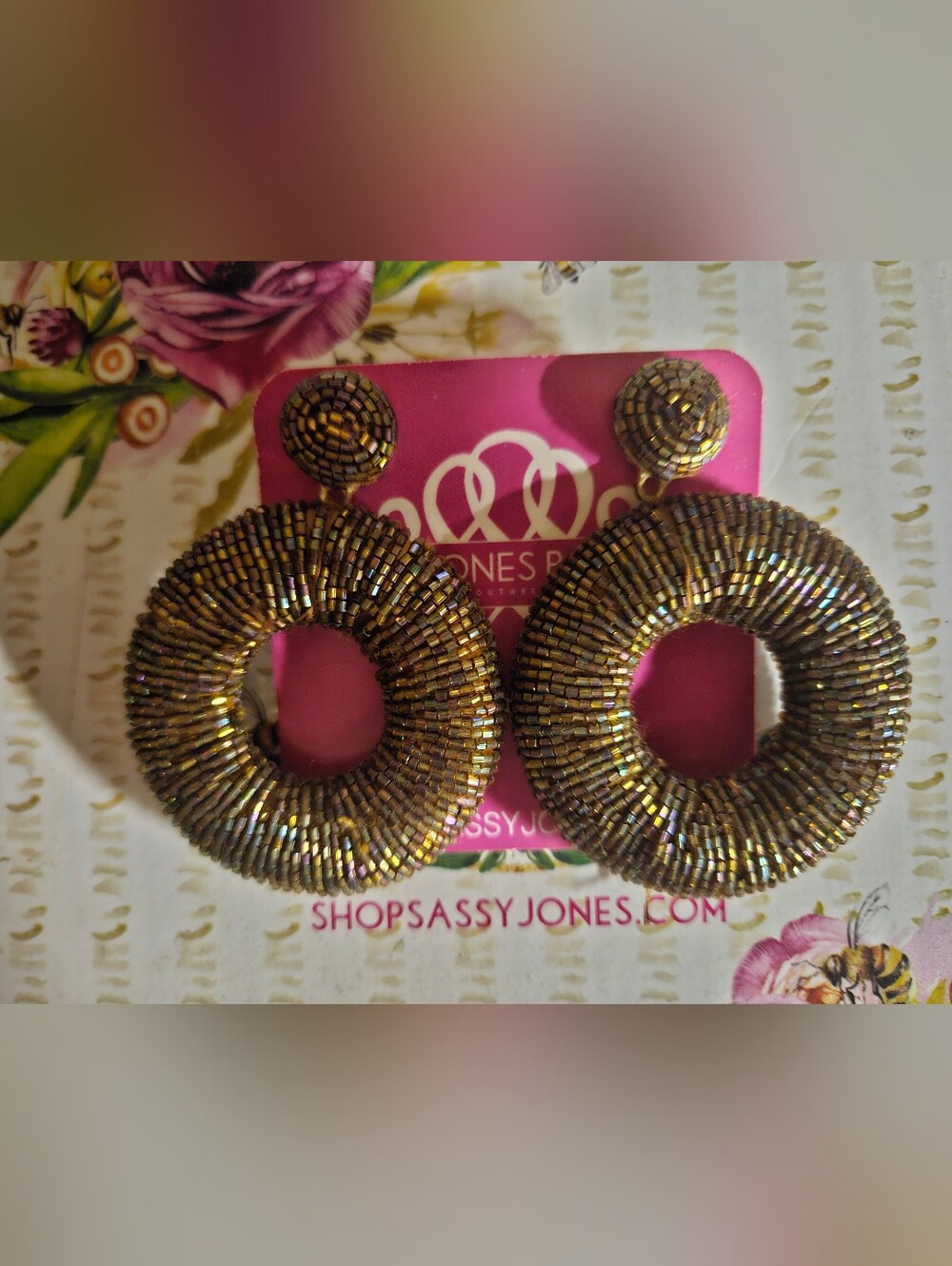 Sassy Jones Iridescent Gold-Beaded Hoop Drop Earrings